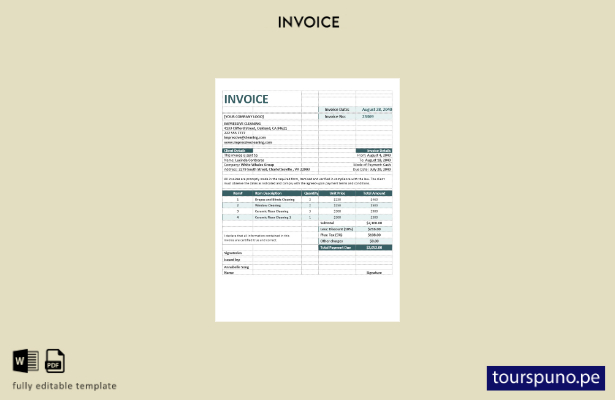 Plantilla de factura de empresa de limpieza lista para imprimir.